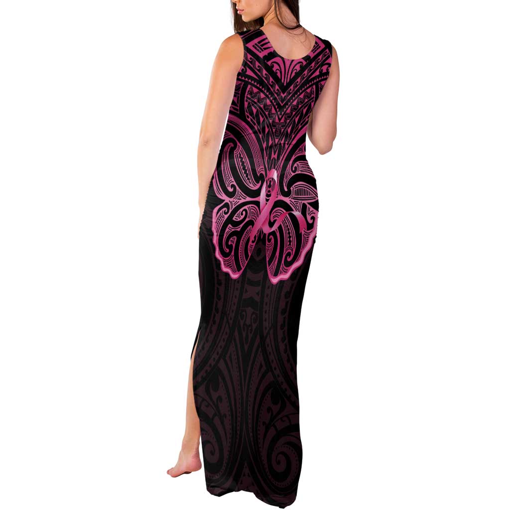 New Zealand Breast Cancer Awareness Tank Maxi Dress Maori Butterfly Pink Ribbon Black Version - Polynesian Pride
