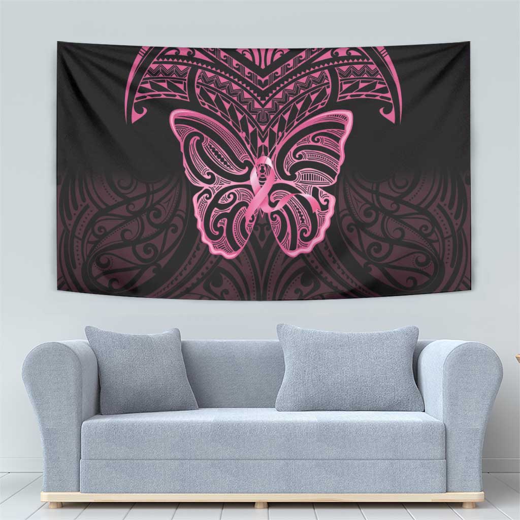 New Zealand Breast Cancer Awareness Tapestry Maori Butterfly Pink Ribbon Black Version - Polynesian Pride