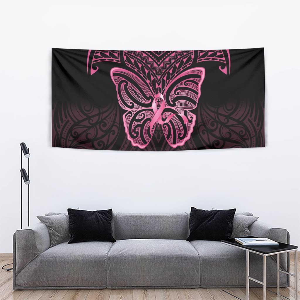 New Zealand Breast Cancer Awareness Tapestry Maori Butterfly Pink Ribbon Black Version - Polynesian Pride