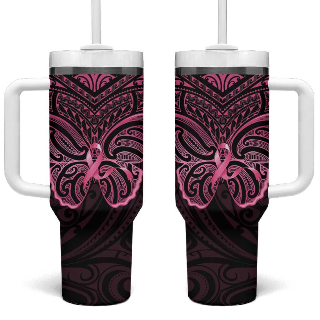 New Zealand Breast Cancer Awareness Tumbler With Handle Maori Butterfly Pink Ribbon Black Version - Polynesian Pride