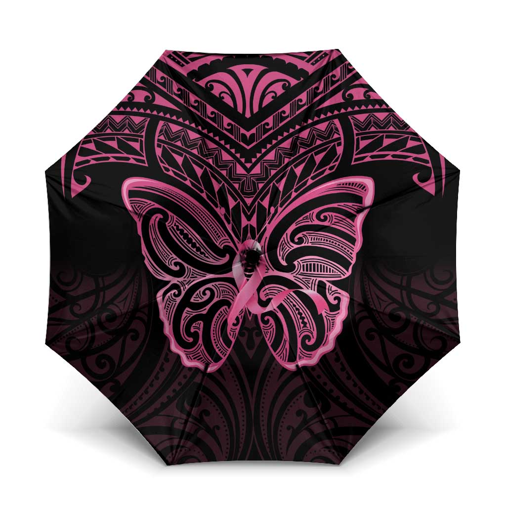 New Zealand Breast Cancer Awareness Umbrella Maori Butterfly Pink Ribbon Black Version - Polynesian Pride