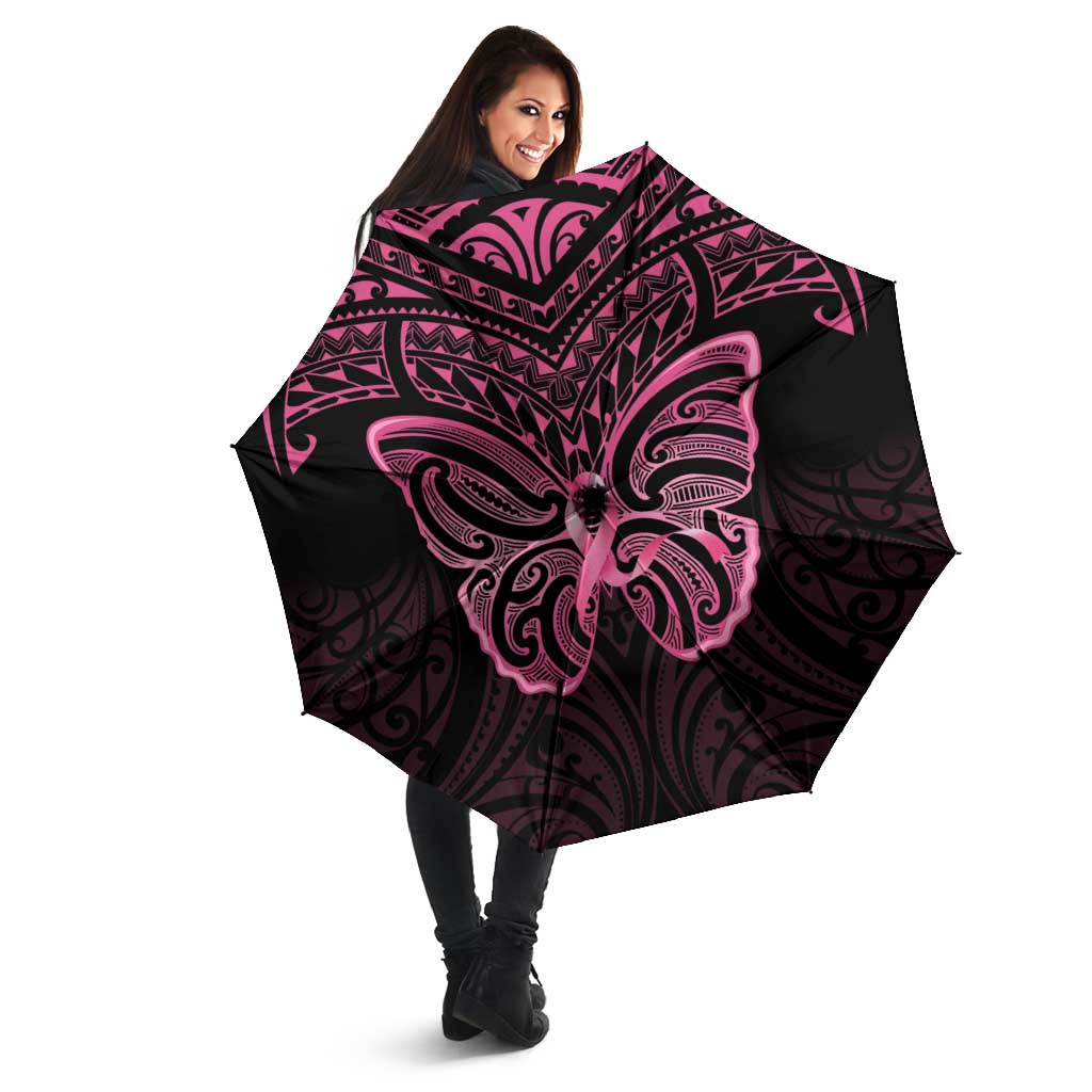 New Zealand Breast Cancer Awareness Umbrella Maori Butterfly Pink Ribbon Black Version - Polynesian Pride