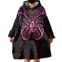 New Zealand Breast Cancer Awareness Wearable Blanket Hoodie Maori Butterfly Pink Ribbon Black Version - Polynesian Pride