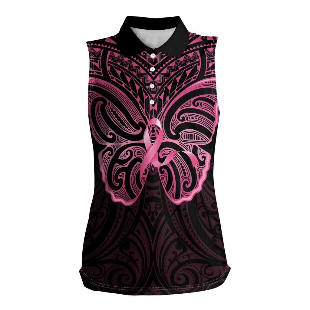 New Zealand Breast Cancer Awareness Women Sleeveless Polo Shirt Maori Butterfly Pink Ribbon Black Version - Polynesian Pride
