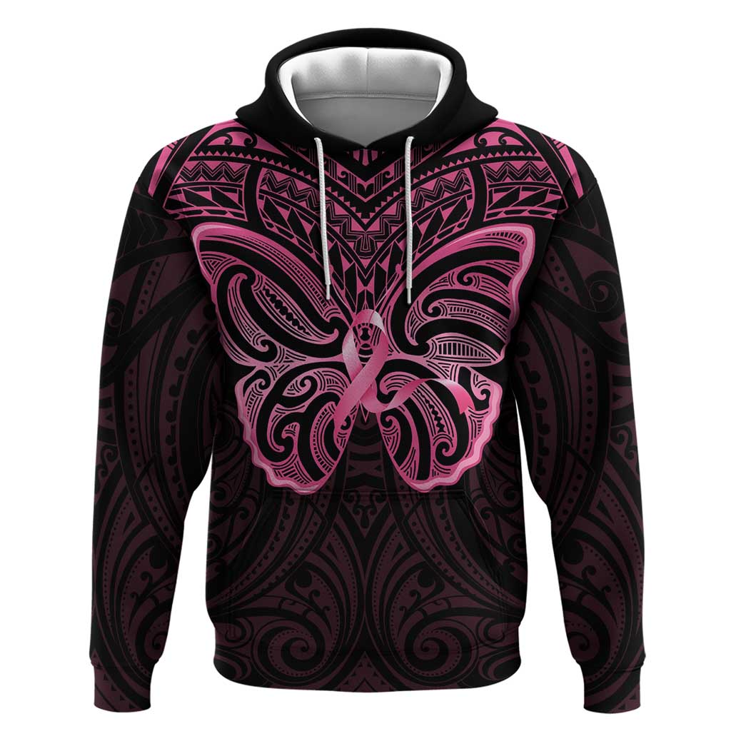 New Zealand Breast Cancer Awareness Zip Hoodie Maori Butterfly Pink Ribbon Black Version - Polynesian Pride