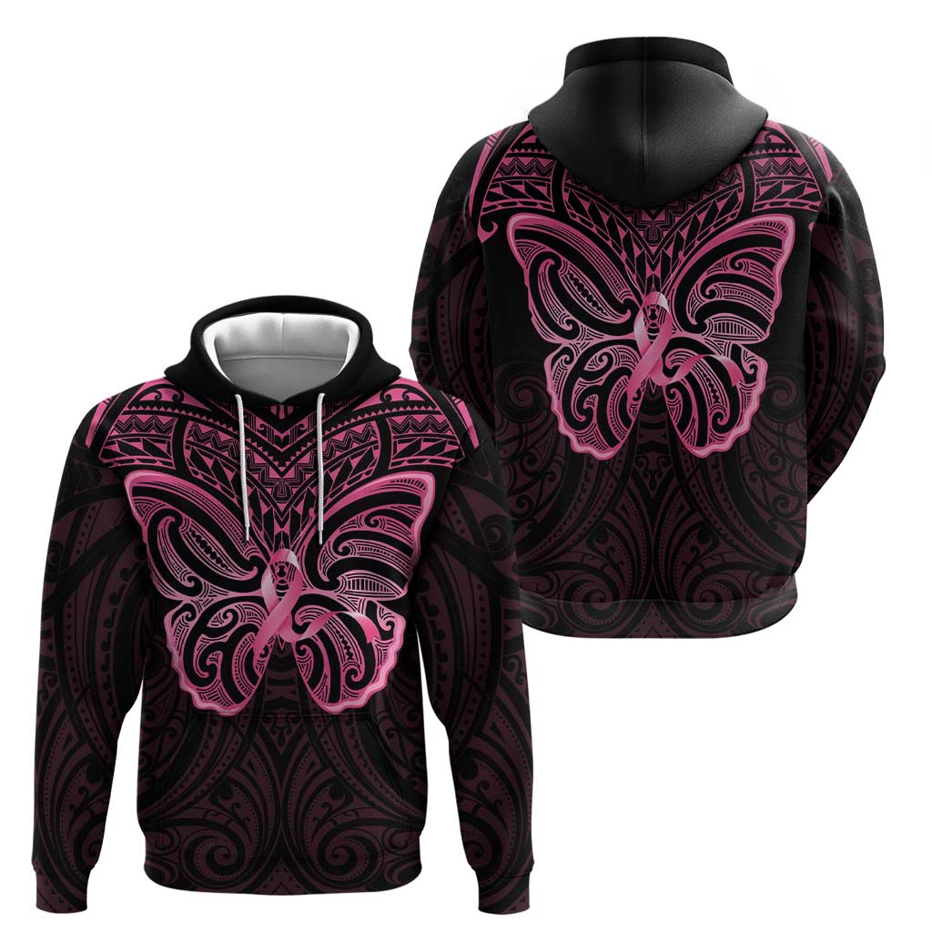 New Zealand Breast Cancer Awareness Zip Hoodie Maori Butterfly Pink Ribbon Black Version - Polynesian Pride