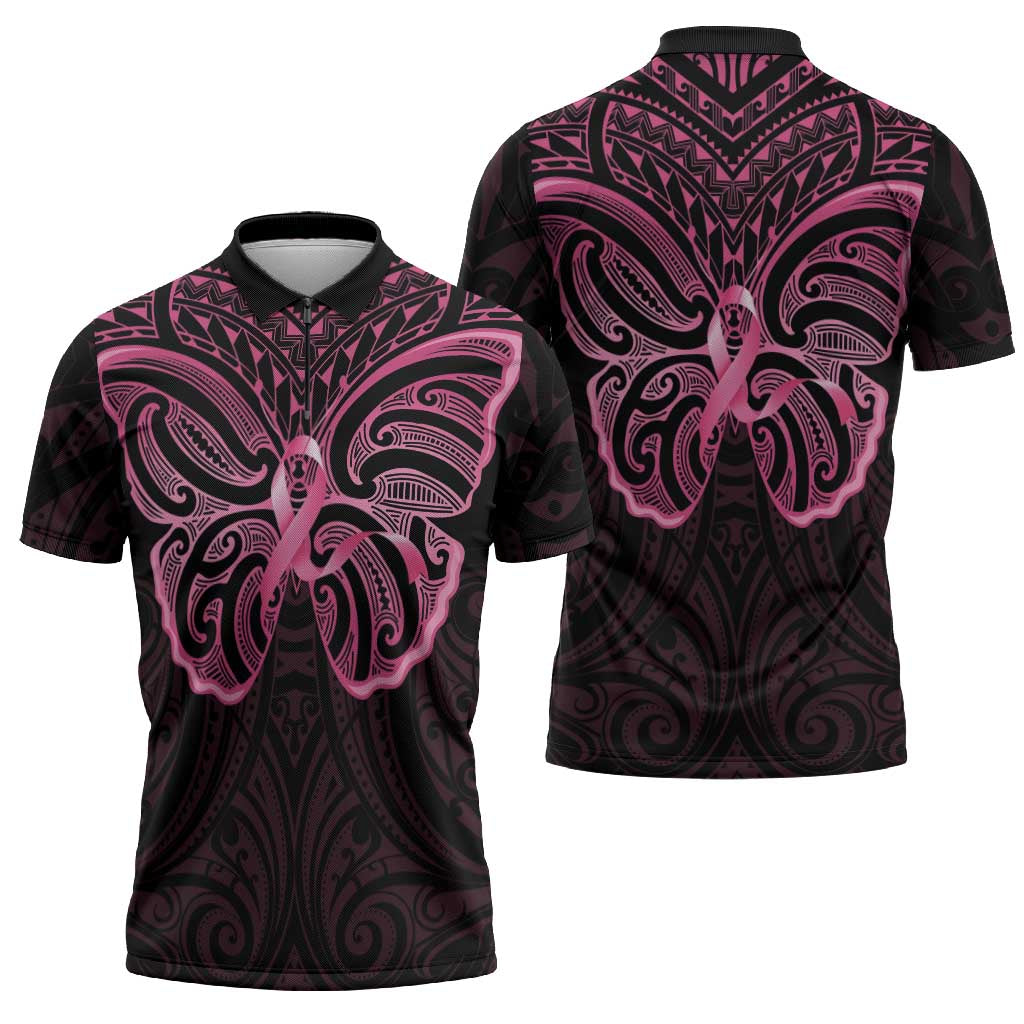New Zealand Breast Cancer Awareness Zipper Polo Shirt Maori Butterfly Pink Ribbon Black Version - Polynesian Pride