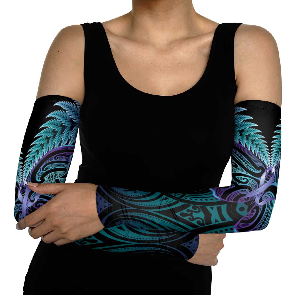 Suicide Prevention New Zealand Arm Sleeves Aotearoa Maori Butterfly Mix Silver Fern - Polynesian Pride