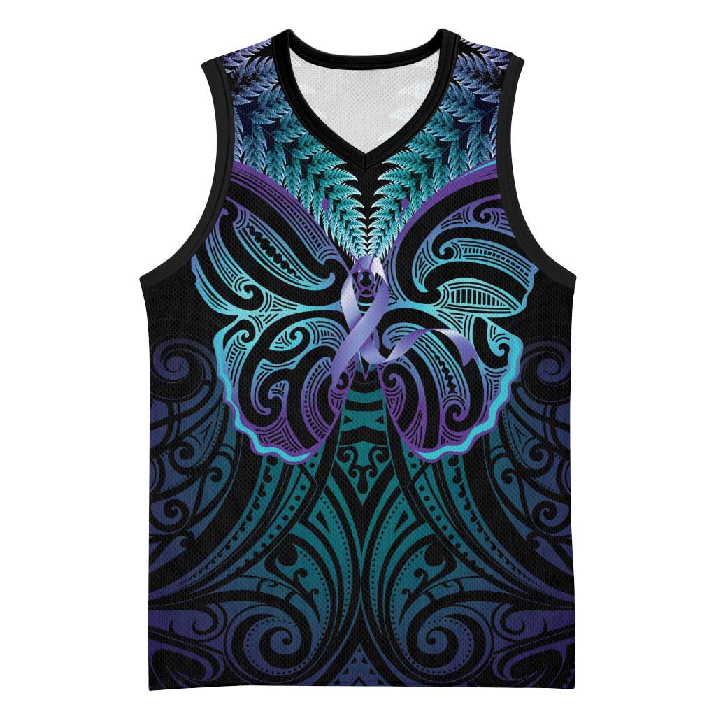 Suicide Prevention New Zealand Basketball Jersey Aotearoa Maori Butterfly Mix Silver Fern - Polynesian Pride