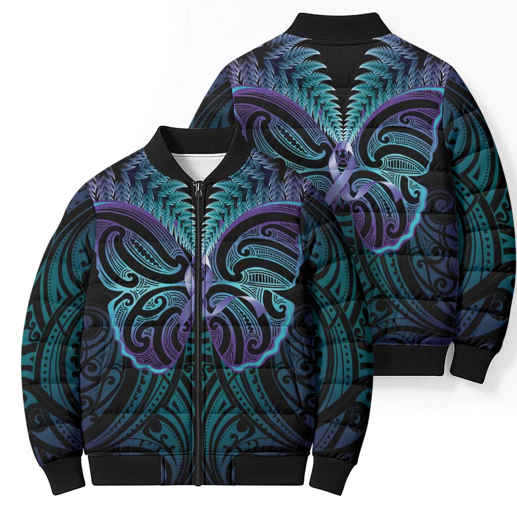 Suicide Prevention New Zealand Bomber Puffer Jacket Aotearoa Maori Butterfly Mix Silver Fern - Polynesian Pride