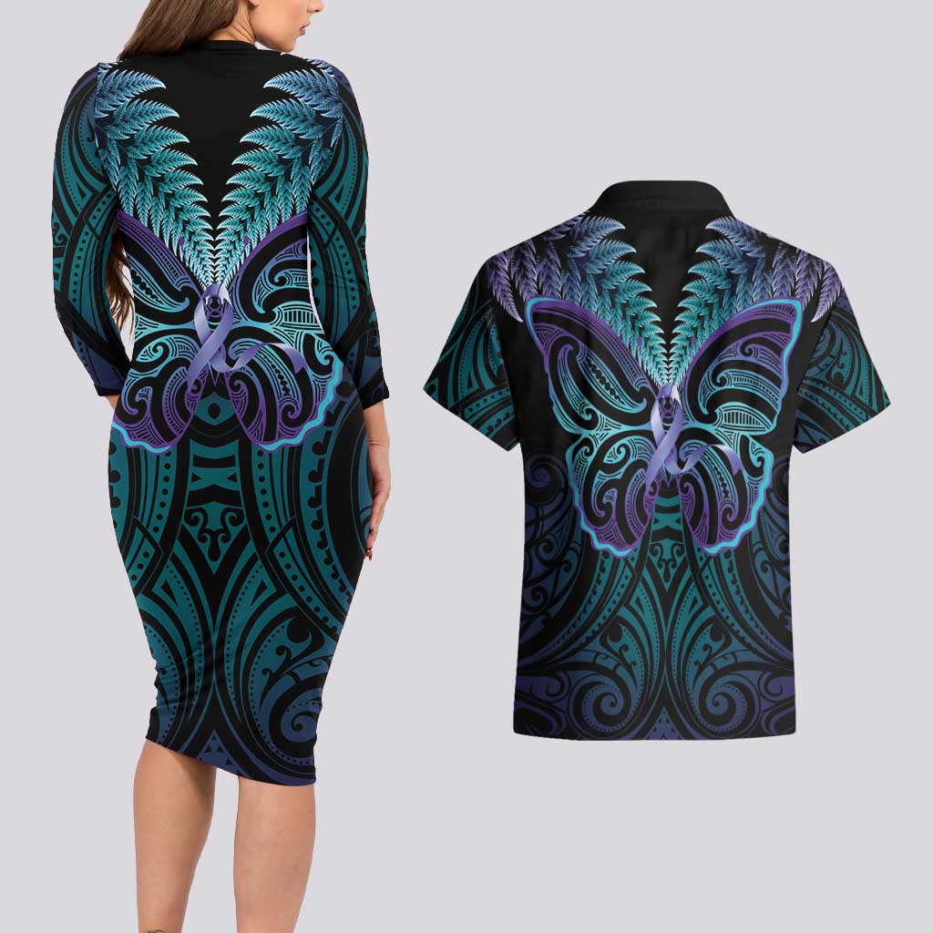 Suicide Prevention New Zealand Couples Matching Long Sleeve Bodycon Dress and Hawaiian Shirt Aotearoa Maori Butterfly Mix Silver Fern - Polynesian Pride