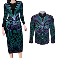 Suicide Prevention New Zealand Couples Matching Long Sleeve Bodycon Dress and Long Sleeve Button Shirt Aotearoa Maori Butterfly Mix Silver Fern - Polynesian Pride