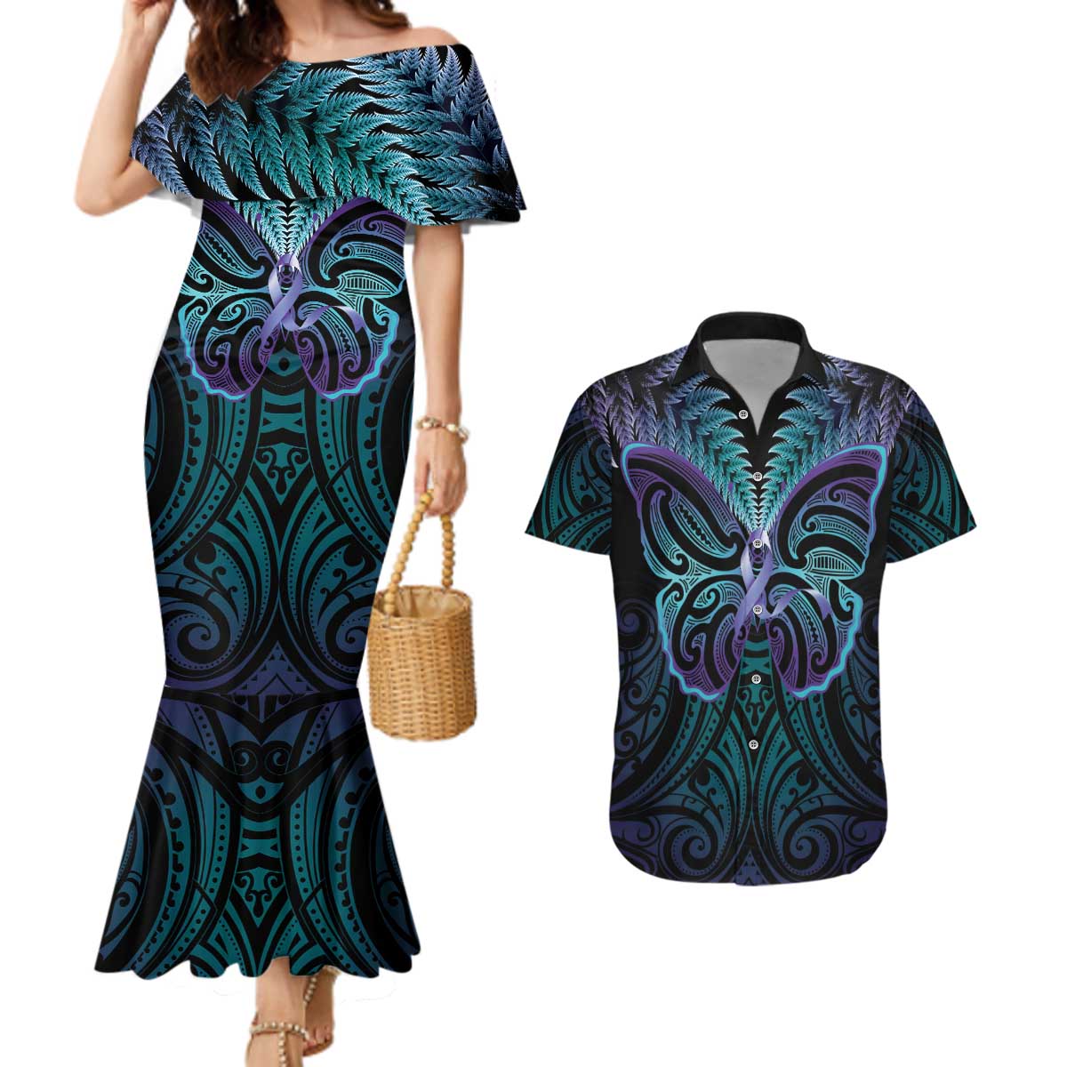 Suicide Prevention New Zealand Couples Matching Mermaid Dress and Hawaiian Shirt Aotearoa Maori Butterfly Mix Silver Fern - Polynesian Pride
