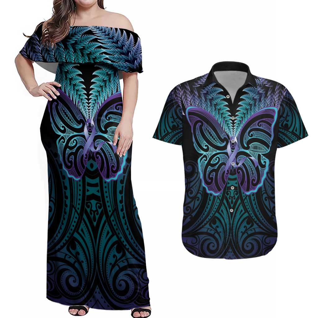 Suicide Prevention New Zealand Couples Matching Off Shoulder Maxi Dress and Hawaiian Shirt Aotearoa Maori Butterfly Mix Silver Fern - Polynesian Pride