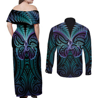 Suicide Prevention New Zealand Couples Matching Off Shoulder Maxi Dress and Long Sleeve Button Shirt Aotearoa Maori Butterfly Mix Silver Fern - Polynesian Pride