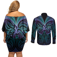 Suicide Prevention New Zealand Couples Matching Off Shoulder Short Dress and Long Sleeve Button Shirt Aotearoa Maori Butterfly Mix Silver Fern - Polynesian Pride