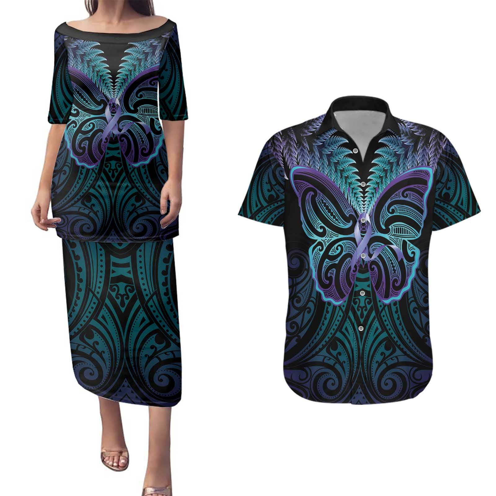 Suicide Prevention New Zealand Couples Matching Puletasi and Hawaiian Shirt Aotearoa Maori Butterfly Mix Silver Fern - Polynesian Pride