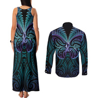 Suicide Prevention New Zealand Couples Matching Tank Maxi Dress and Long Sleeve Button Shirt Aotearoa Maori Butterfly Mix Silver Fern - Polynesian Pride
