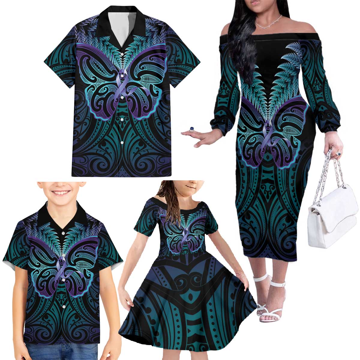 Suicide Prevention New Zealand Family Matching Off The Shoulder Long Sleeve Dress and Hawaiian Shirt Aotearoa Maori Butterfly Mix Silver Fern - Polynesian Pride