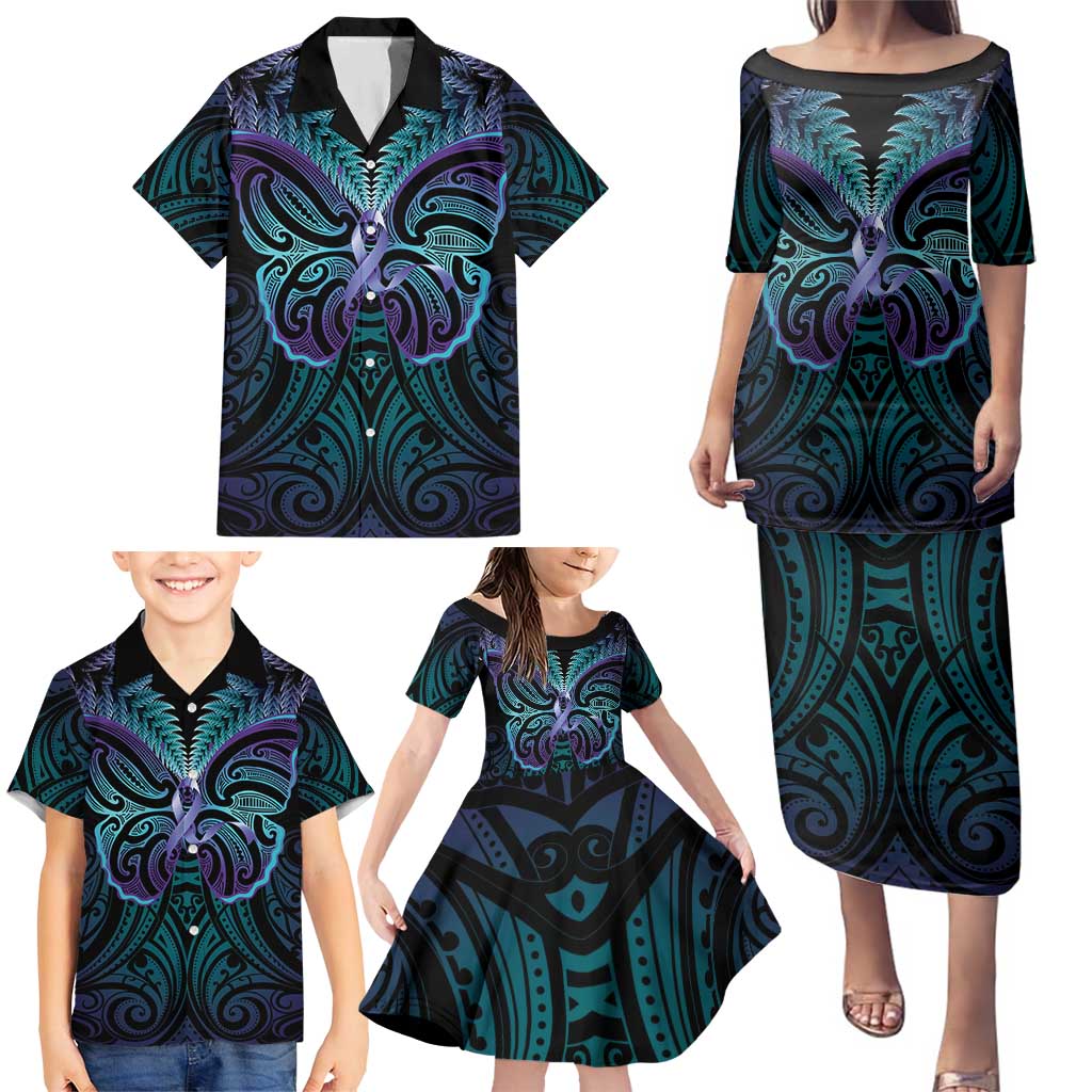 Suicide Prevention New Zealand Family Matching Puletasi and Hawaiian Shirt Aotearoa Maori Butterfly Mix Silver Fern - Polynesian Pride