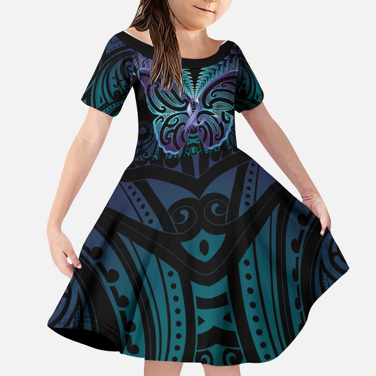 Suicide Prevention New Zealand Kid Short Sleeve Dress Aotearoa Maori Butterfly Mix Silver Fern - Polynesian Pride