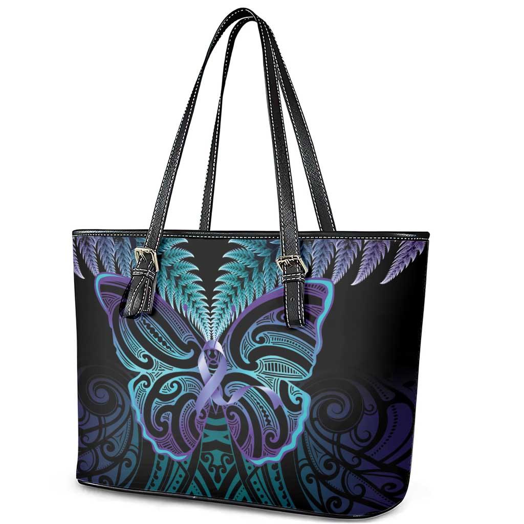 Suicide Prevention New Zealand Leather Tote Bag Aotearoa Maori Butterfly Mix Silver Fern - Polynesian Pride