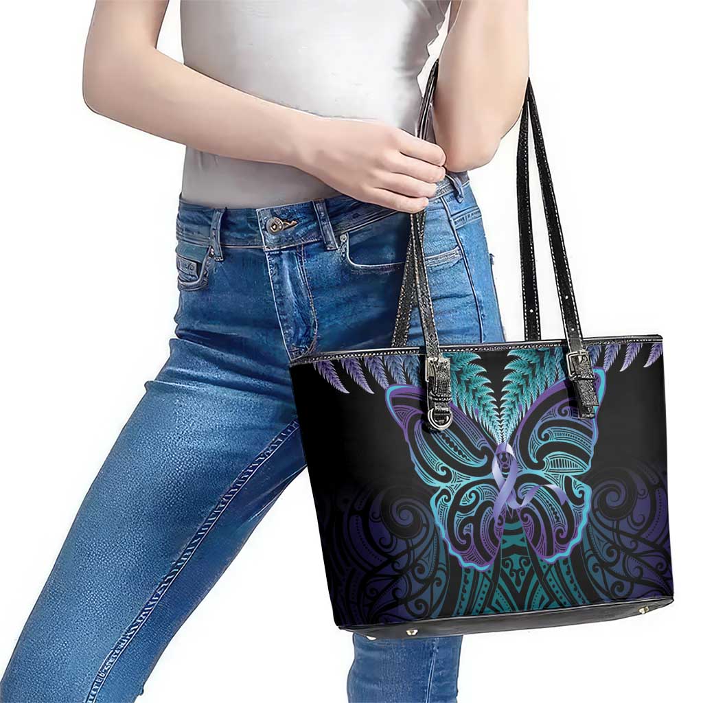 Suicide Prevention New Zealand Leather Tote Bag Aotearoa Maori Butterfly Mix Silver Fern - Polynesian Pride