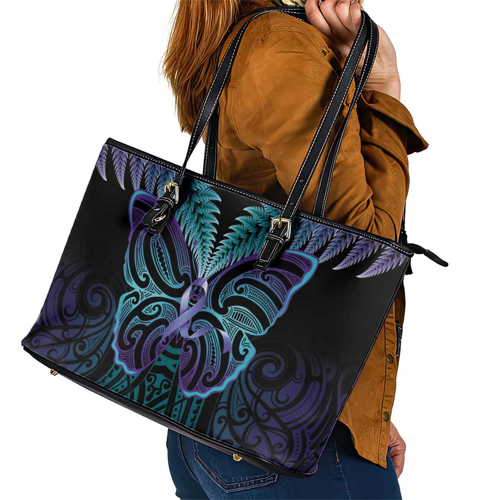 Suicide Prevention New Zealand Leather Tote Bag Aotearoa Maori Butterfly Mix Silver Fern - Polynesian Pride