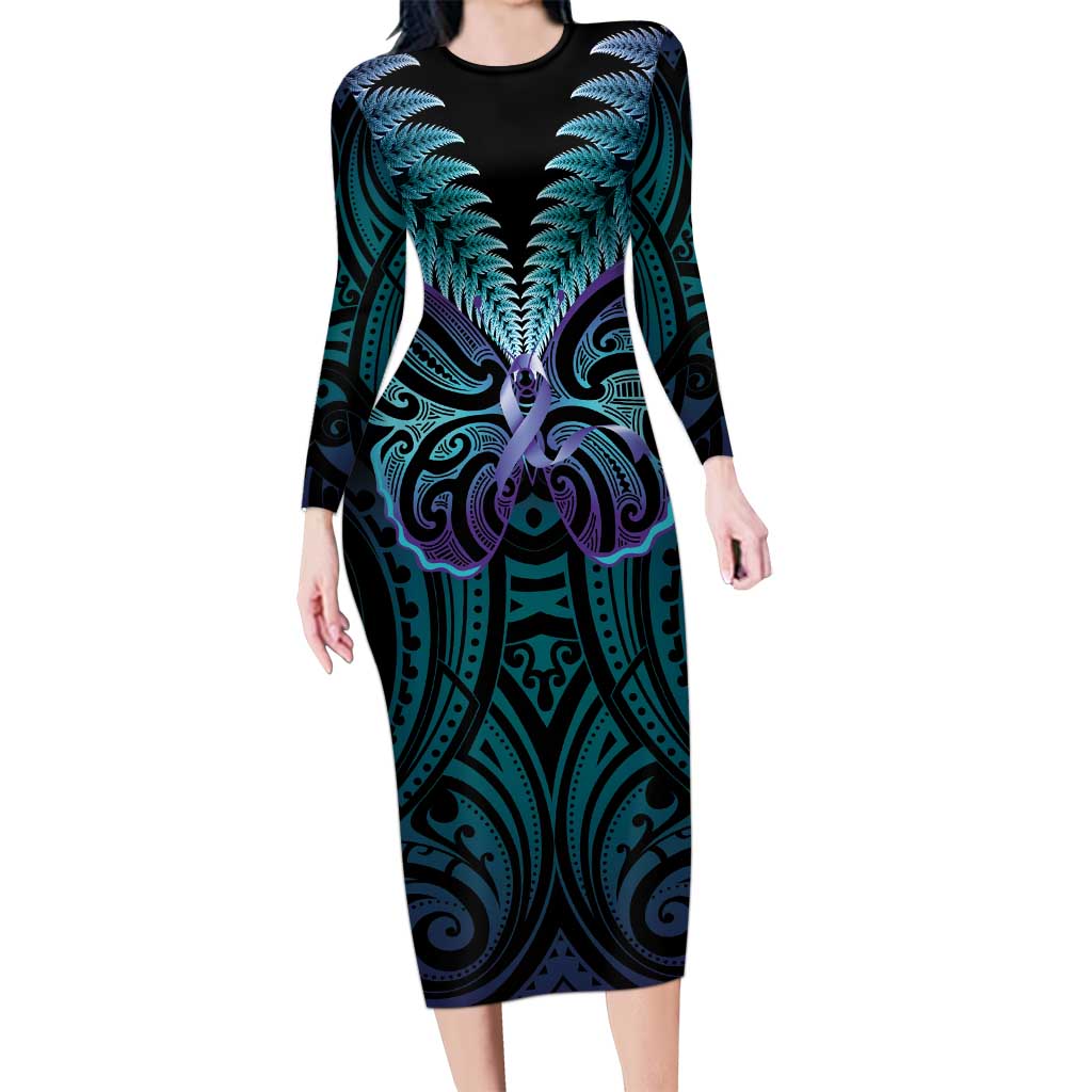 Suicide Prevention New Zealand Long Sleeve Bodycon Dress Aotearoa Maori Butterfly Mix Silver Fern - Polynesian Pride