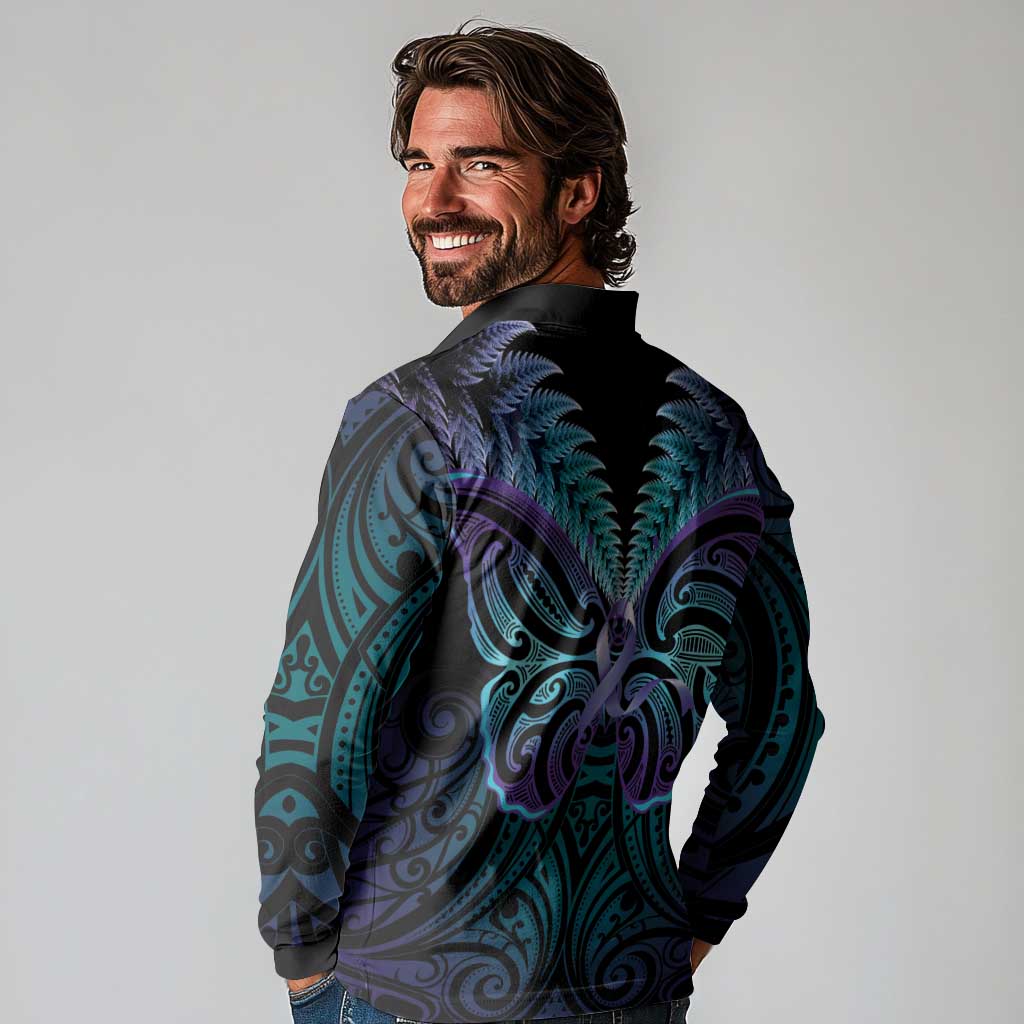 Suicide Prevention New Zealand Long Sleeve Polo Shirt Aotearoa Maori Butterfly Mix Silver Fern - Polynesian Pride