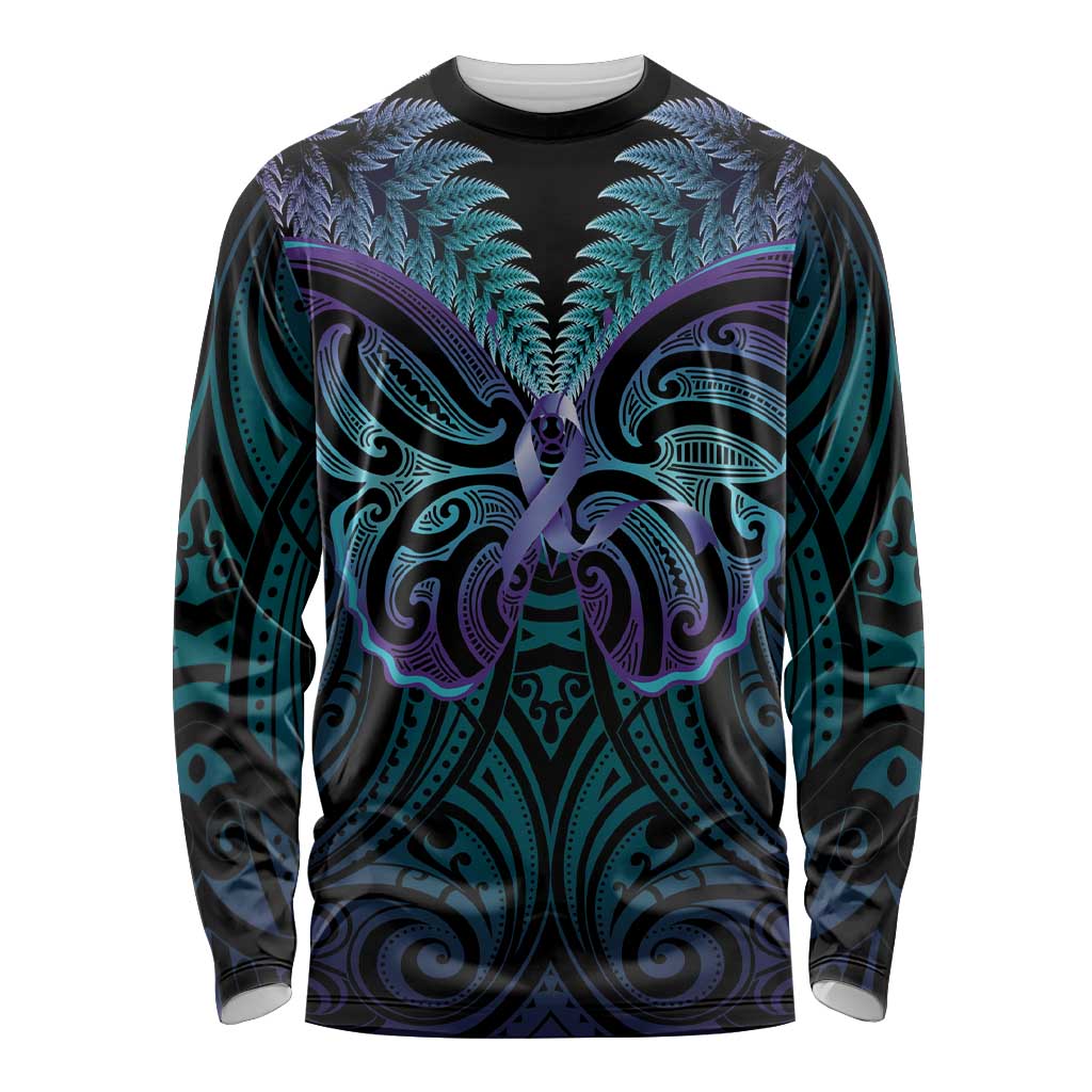 Suicide Prevention New Zealand Long Sleeve Shirt Aotearoa Maori Butterfly Mix Silver Fern - Polynesian Pride