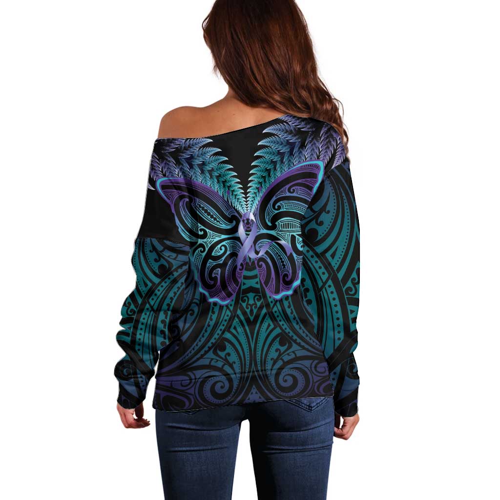 Suicide Prevention New Zealand Off Shoulder Sweater Aotearoa Maori Butterfly Mix Silver Fern - Polynesian Pride