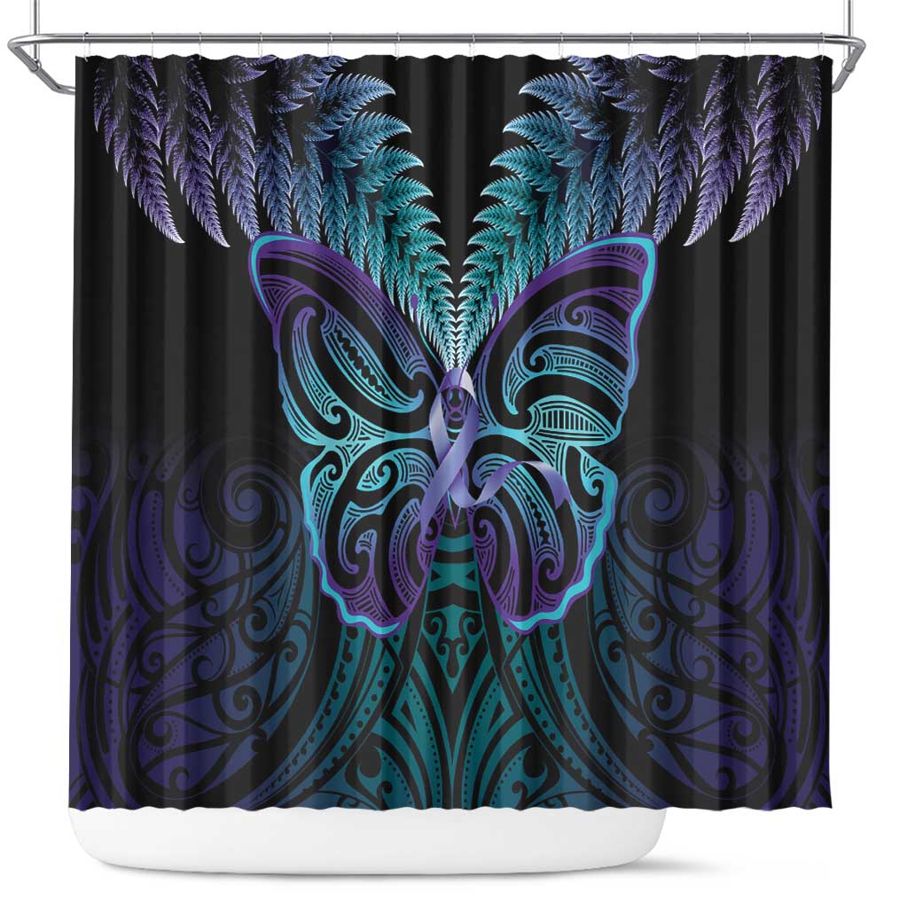 Suicide Prevention New Zealand Shower Curtain Aotearoa Maori Butterfly Mix Silver Fern - Polynesian Pride