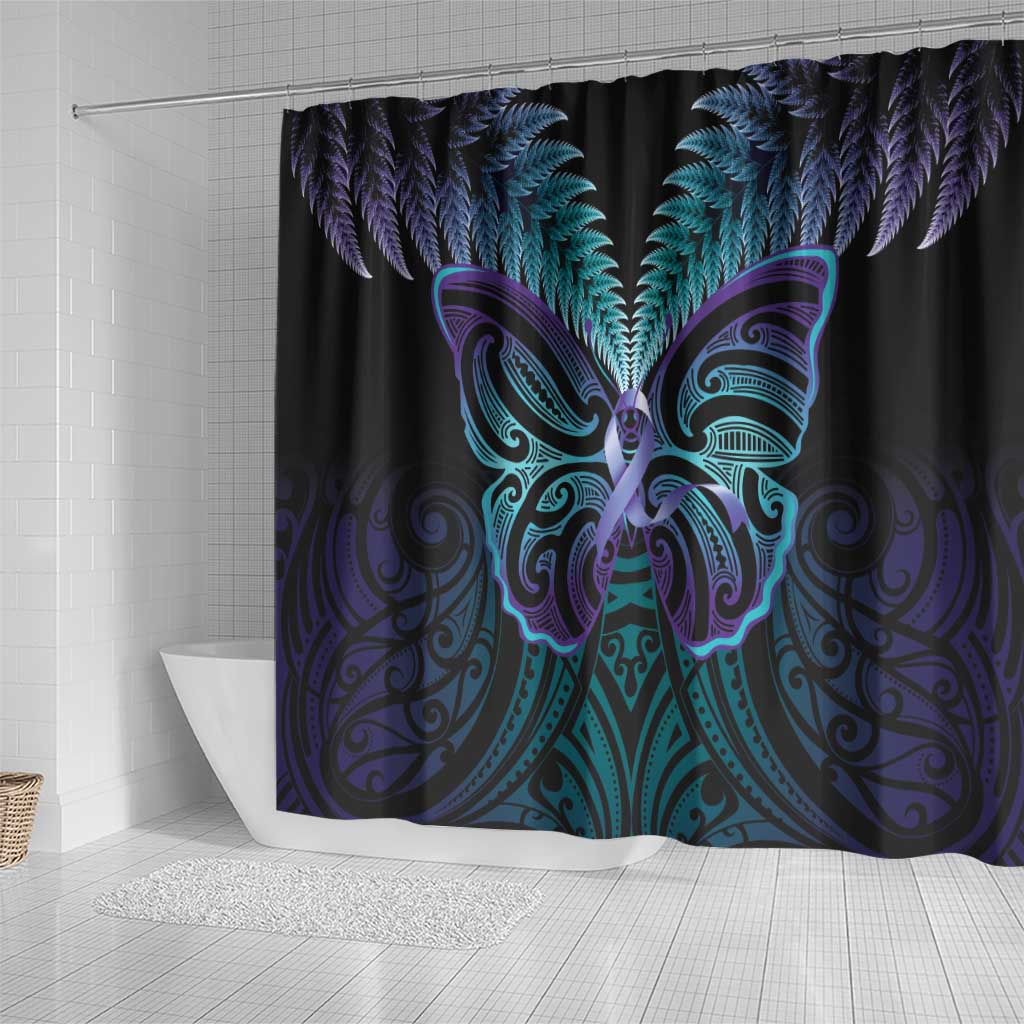Suicide Prevention New Zealand Shower Curtain Aotearoa Maori Butterfly Mix Silver Fern - Polynesian Pride