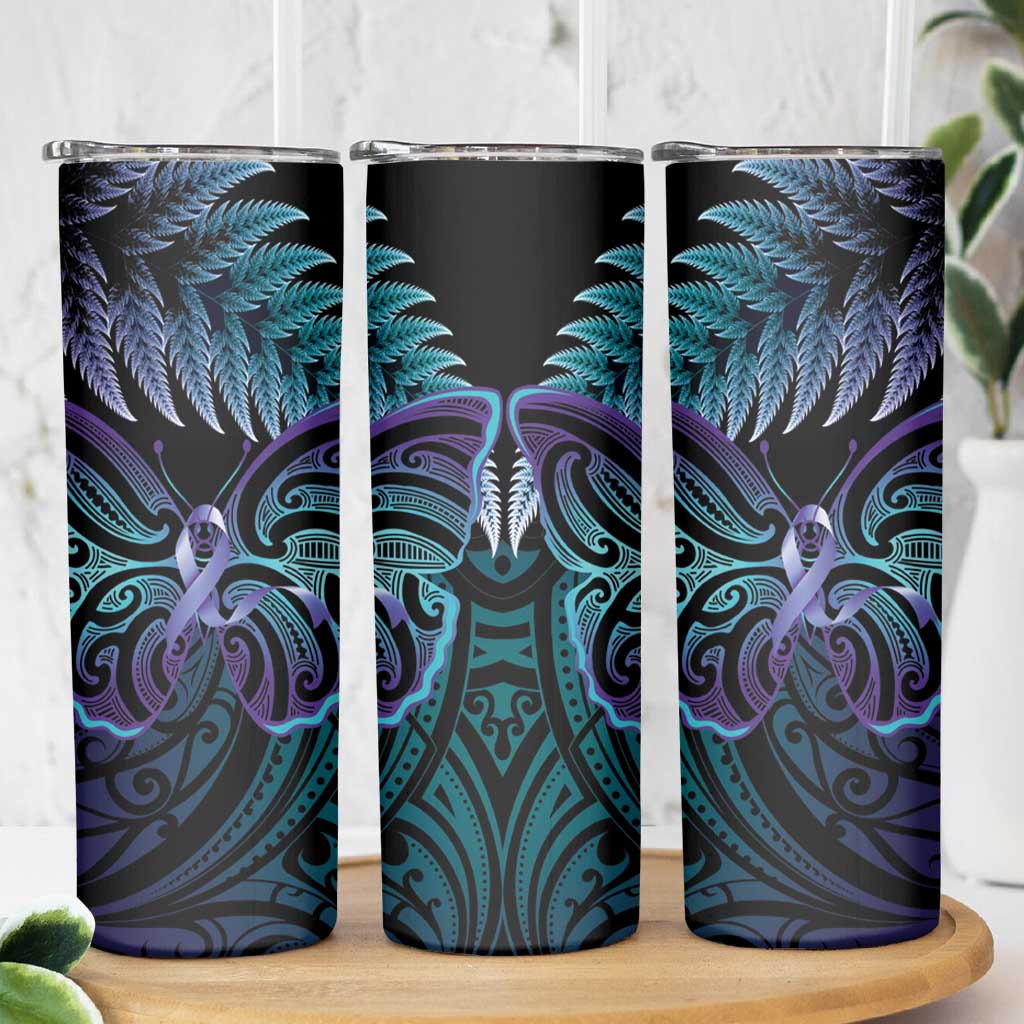 Suicide Prevention New Zealand Skinny Tumbler Aotearoa Maori Butterfly Mix Silver Fern - Polynesian Pride