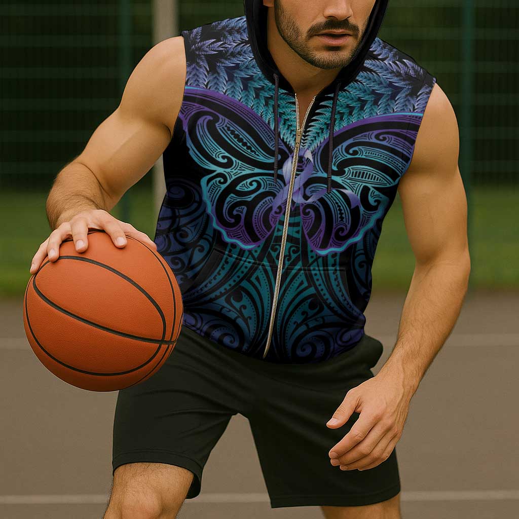 Suicide Prevention New Zealand Sleeveless Zip Hoodie Aotearoa Maori Butterfly Mix Silver Fern - Polynesian Pride