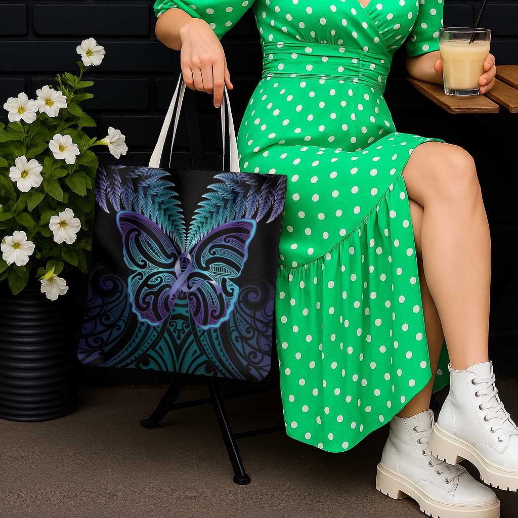 Suicide Prevention New Zealand Tote Bag Aotearoa Maori Butterfly Mix Silver Fern - Polynesian Pride