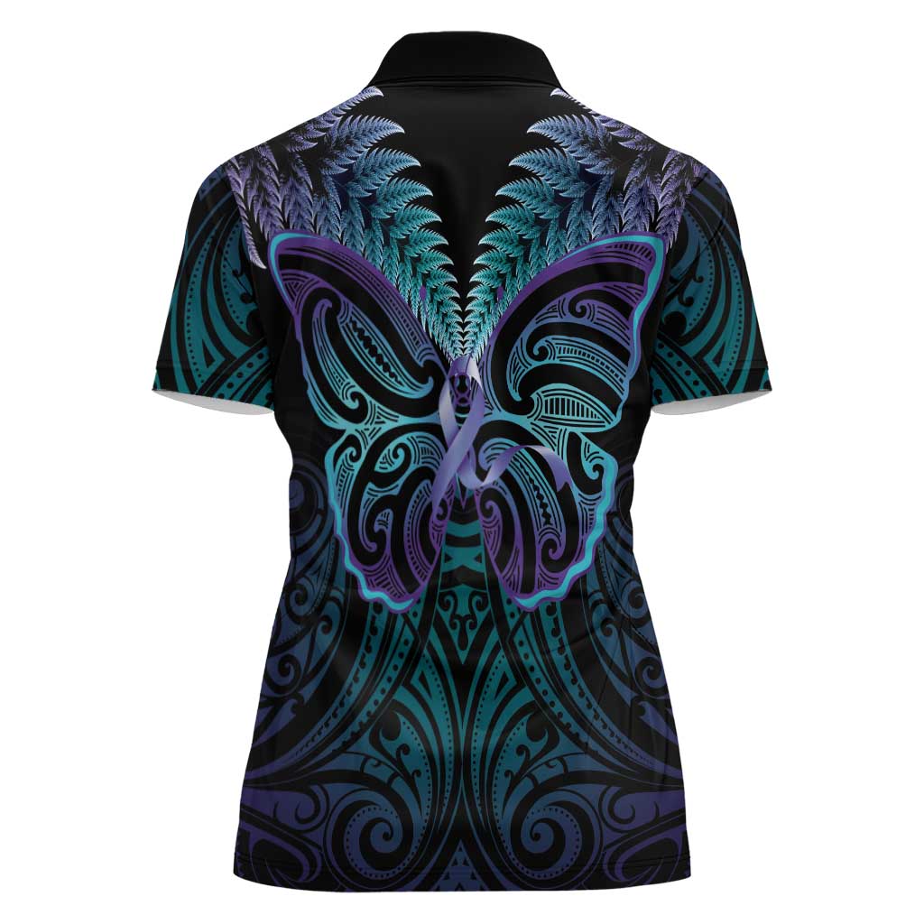 Suicide Prevention New Zealand Women Polo Shirt Aotearoa Maori Butterfly Mix Silver Fern - Polynesian Pride