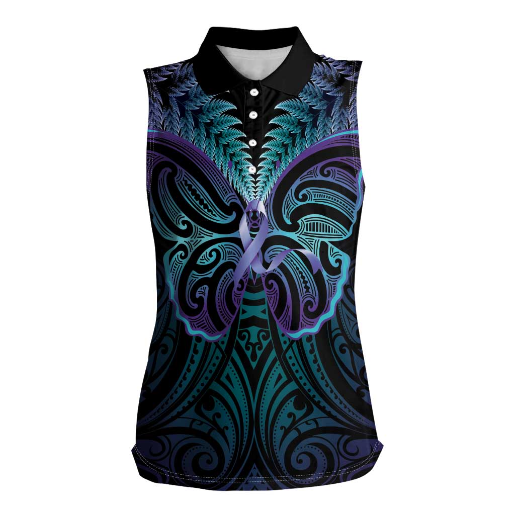 Suicide Prevention New Zealand Women Sleeveless Polo Shirt Aotearoa Maori Butterfly Mix Silver Fern - Polynesian Pride