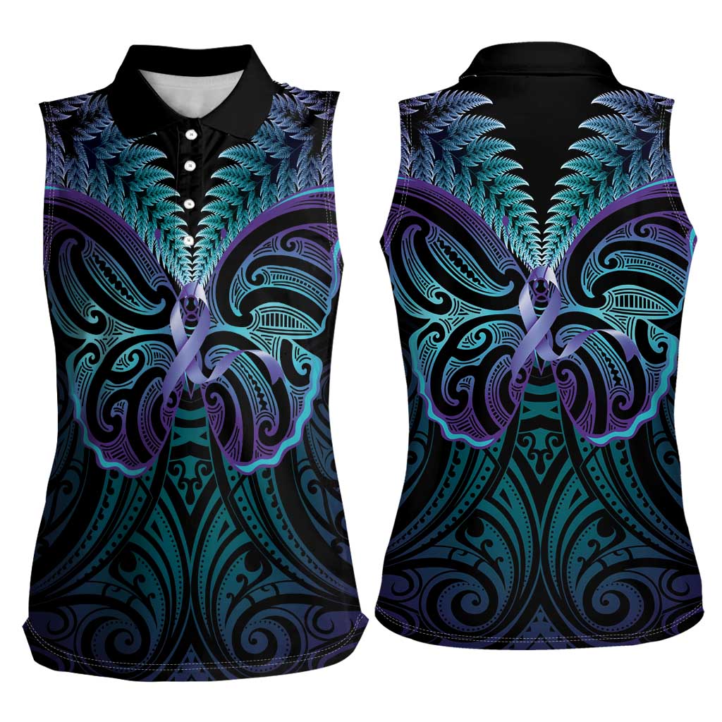 Suicide Prevention New Zealand Women Sleeveless Polo Shirt Aotearoa Maori Butterfly Mix Silver Fern - Polynesian Pride