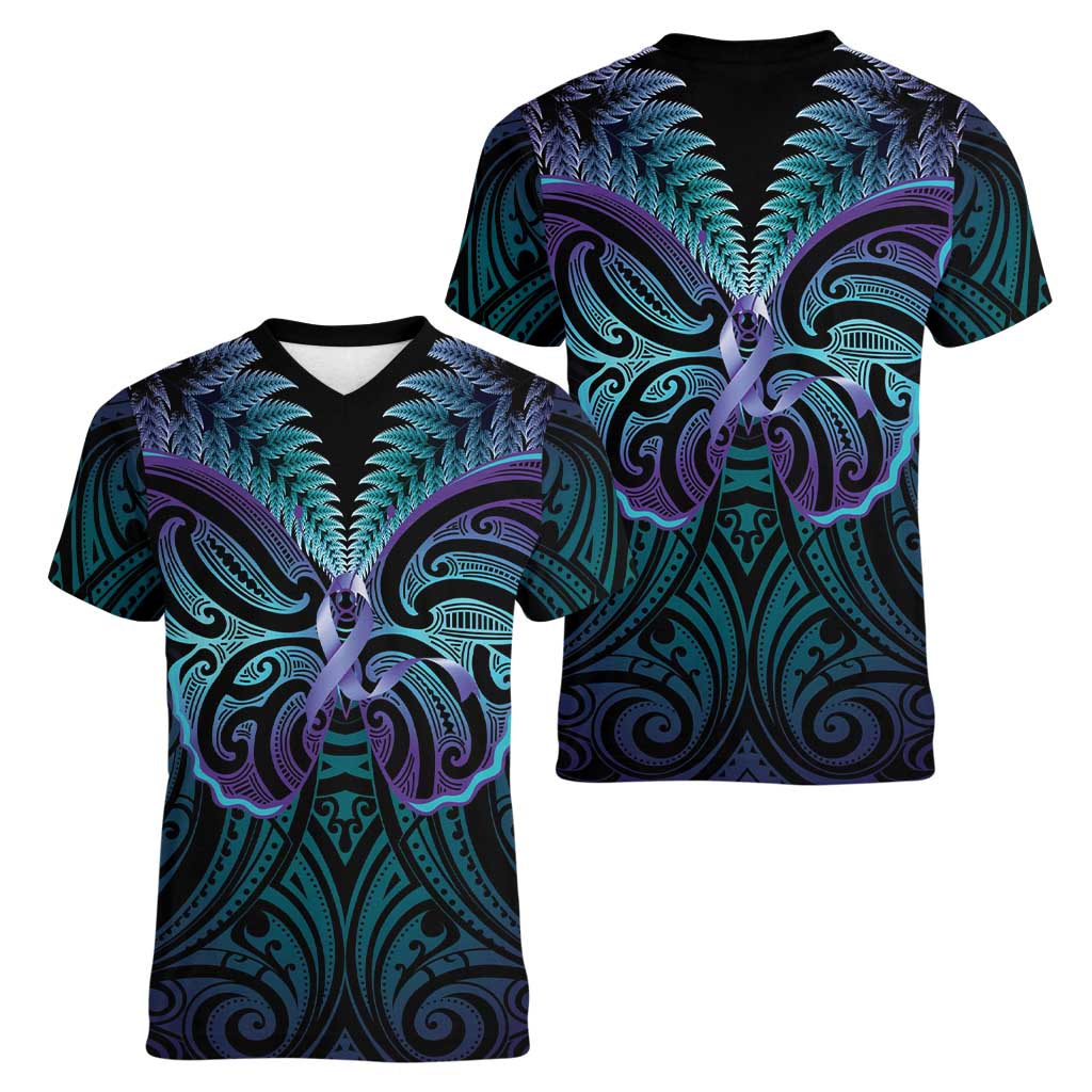 Suicide Prevention New Zealand Women V-Neck T-Shirt Aotearoa Maori Butterfly Mix Silver Fern - Polynesian Pride