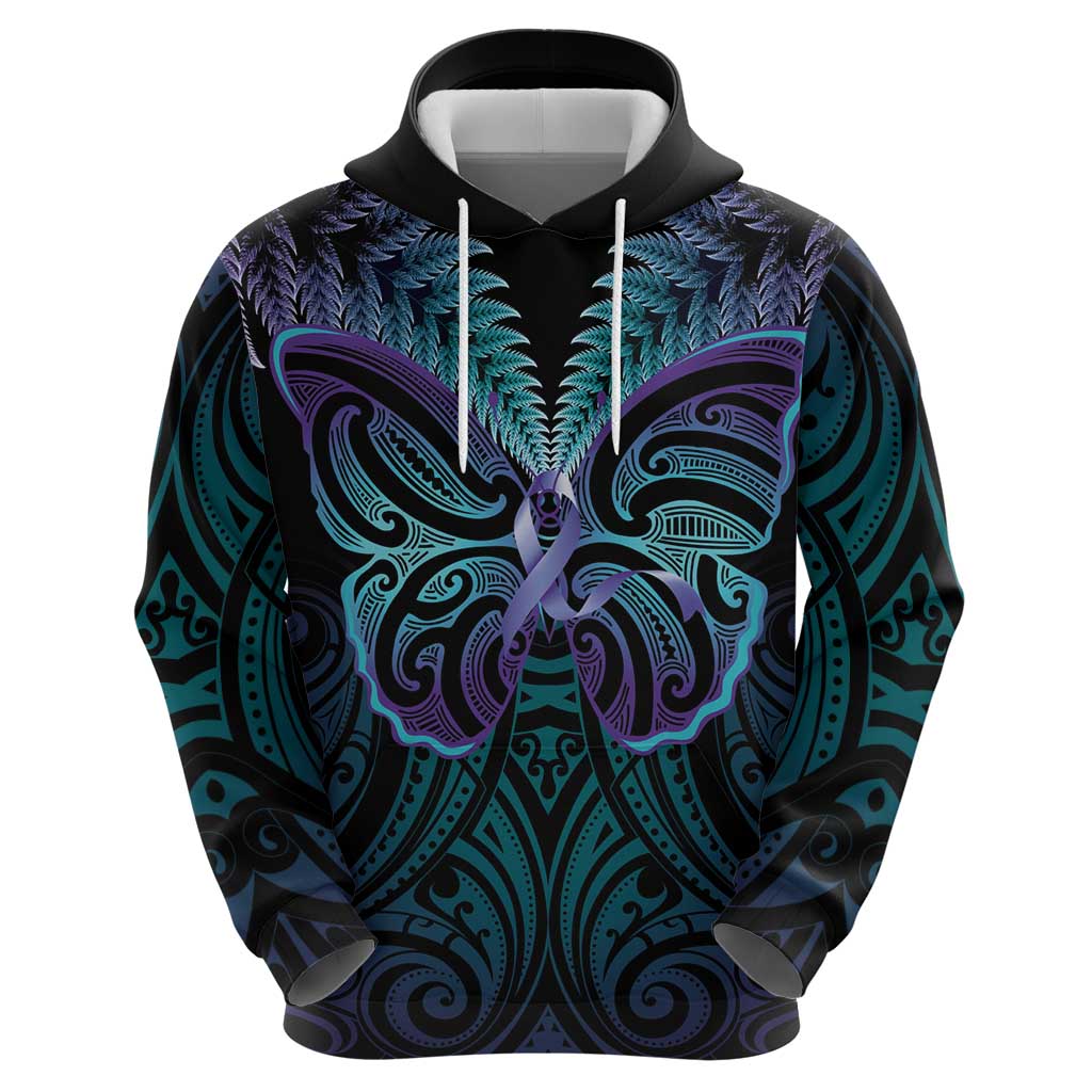 Suicide Prevention New Zealand Zip Hoodie Aotearoa Maori Butterfly Mix Silver Fern - Polynesian Pride