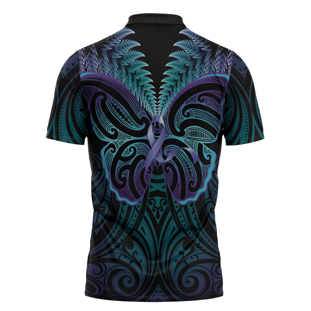 Suicide Prevention New Zealand Zipper Polo Shirt Aotearoa Maori Butterfly Mix Silver Fern - Polynesian Pride