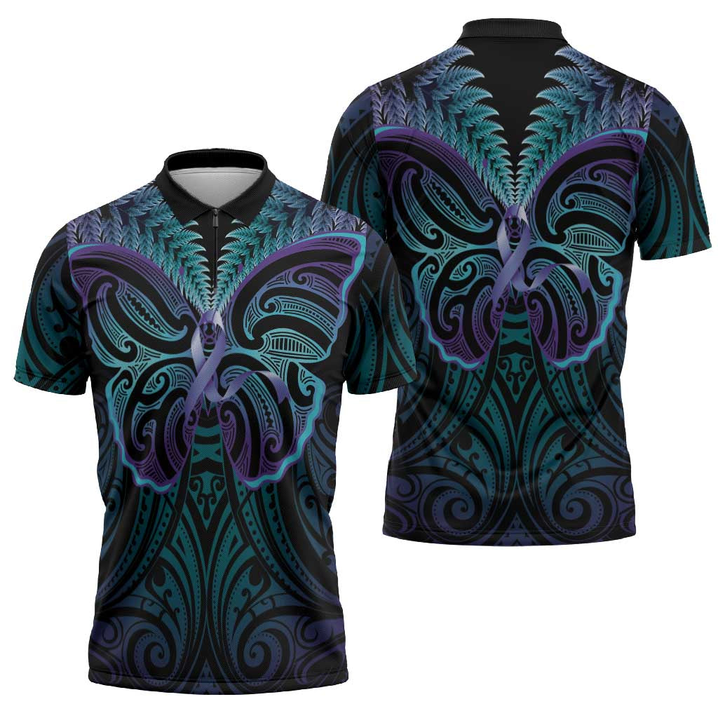 Suicide Prevention New Zealand Zipper Polo Shirt Aotearoa Maori Butterfly Mix Silver Fern - Polynesian Pride