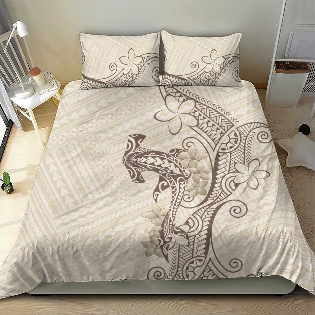 Beige Hawaii Bedding Set Hammerhead Shark Tattoo Curve Polynesian - Polynesian Pride