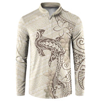 Beige Hawaii Button Sweatshirt Hammerhead Shark Tattoo Curve Polynesian - Polynesian Pride