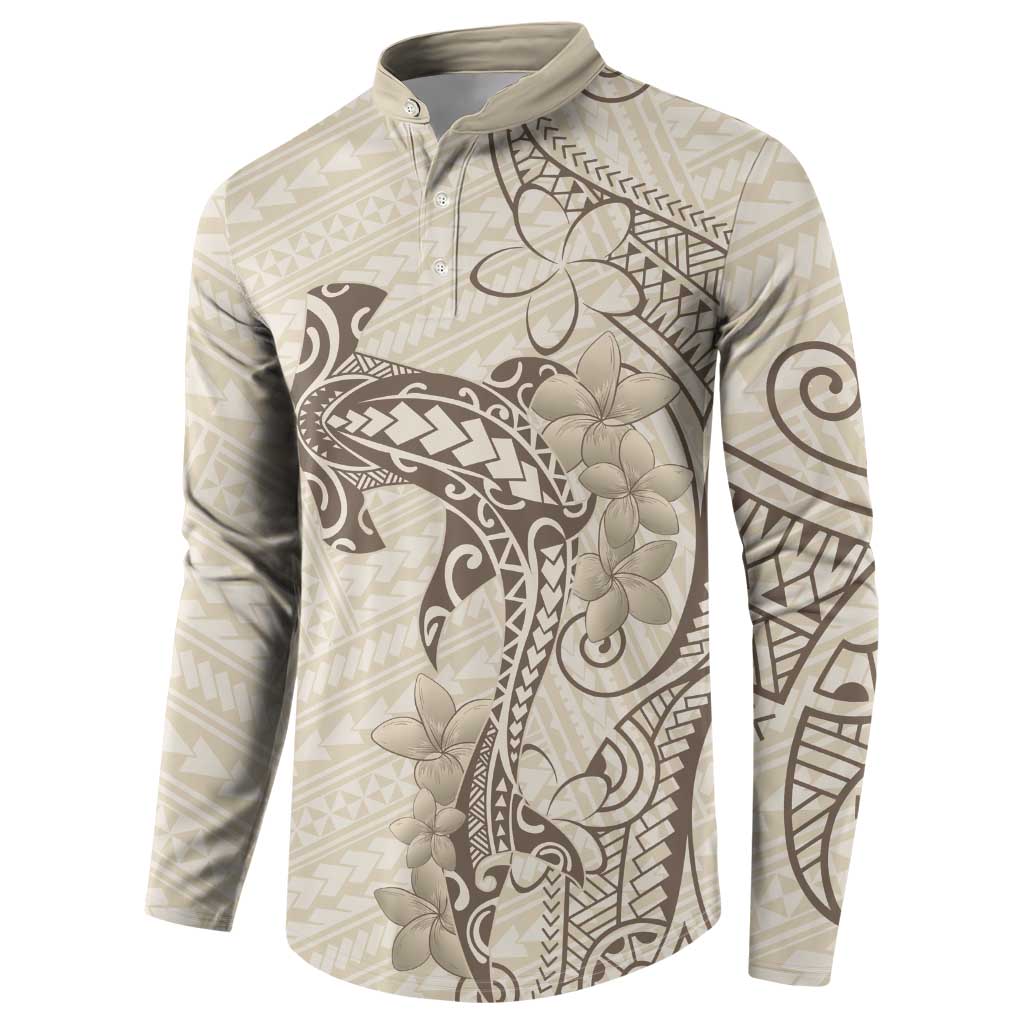 Beige Hawaii Button Sweatshirt Hammerhead Shark Tattoo Curve Polynesian - Polynesian Pride