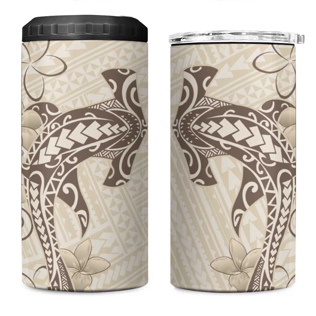 Beige Hawaii 4 in 1 Can Cooler Tumbler Hammerhead Shark Tattoo Curve Polynesian - Polynesian Pride