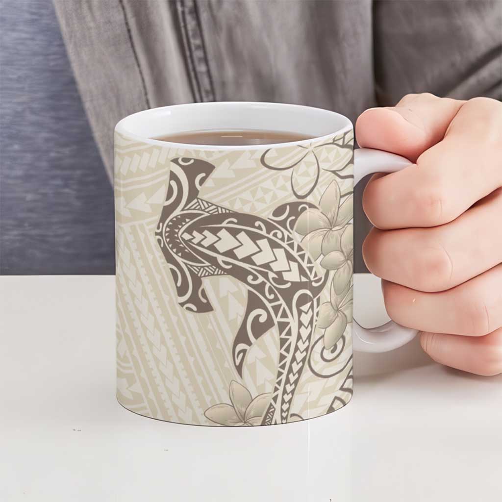 Beige Hawaii Ceramic Mug Hammerhead Shark Tattoo Curve Polynesian - Polynesian Pride