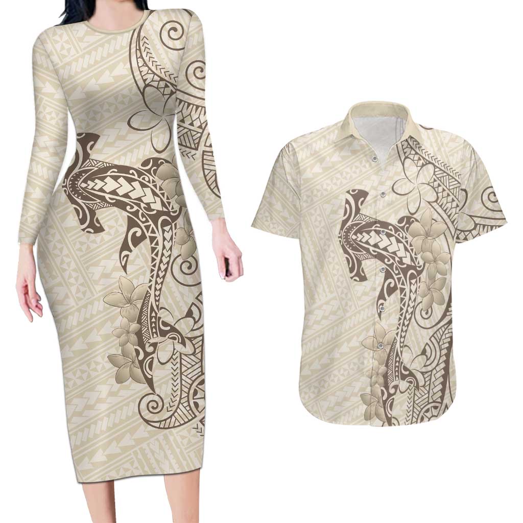 Beige Hawaii Couples Matching Long Sleeve Bodycon Dress and Hawaiian Shirt Hammerhead Shark Tattoo Curve Polynesian - Polynesian Pride
